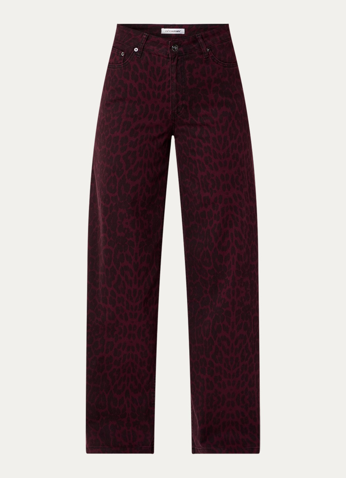 Co'Couture Leo high waist wide leg jeans met panterprint - voorkant 4 bordeauxrood