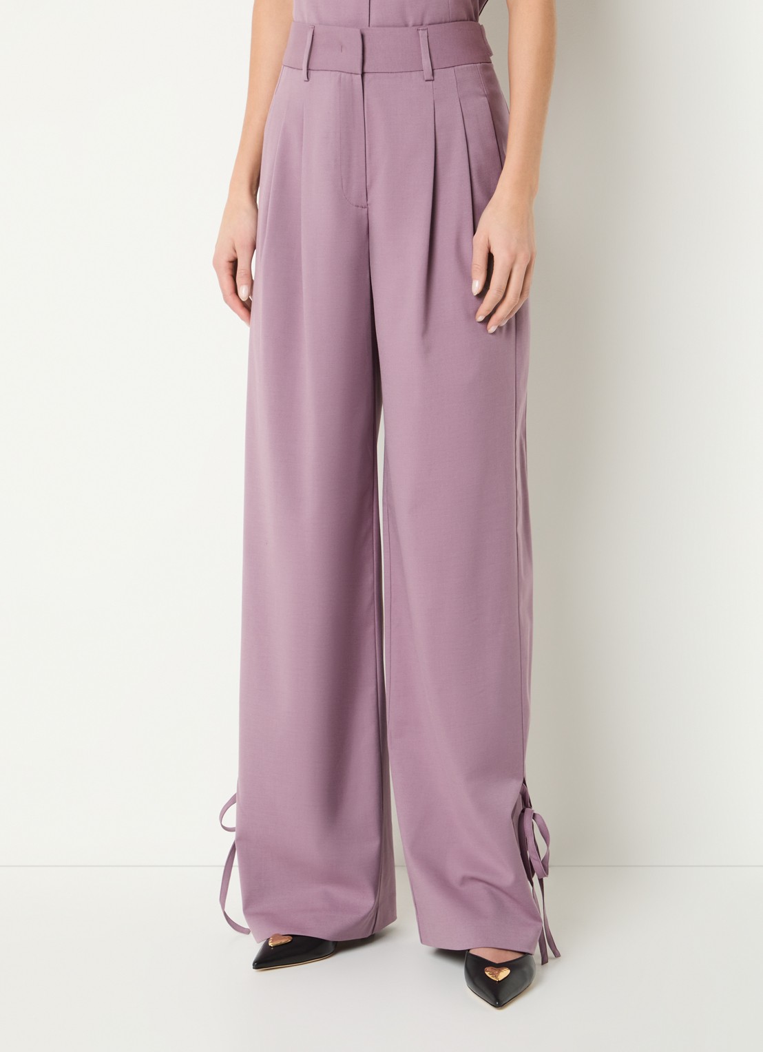 Co'Couture Liam high waist wide fit panatlon in wolblend met gestrikt detail - detail 4 oudroze