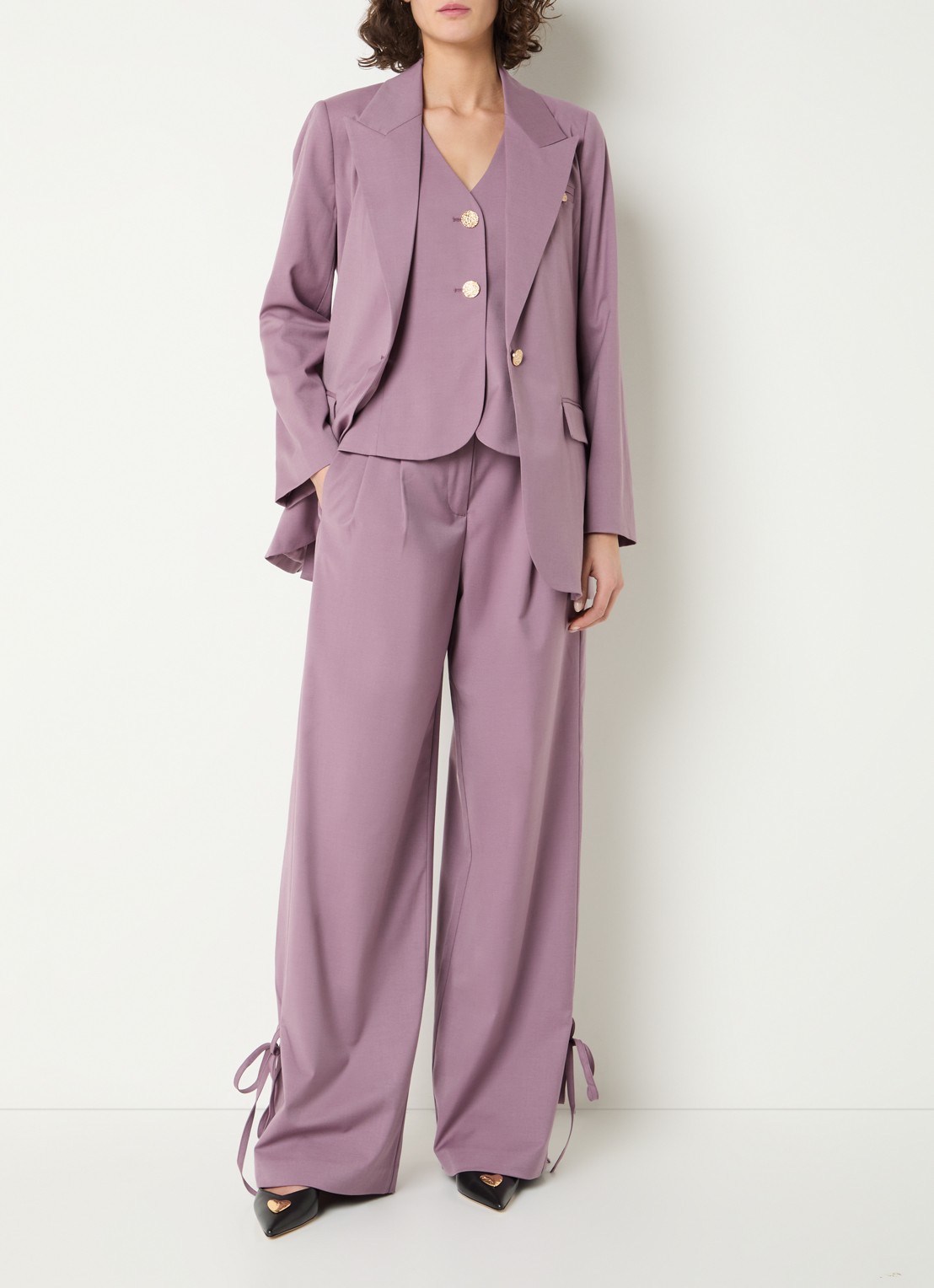 Co'Couture Liam high waist wide fit panatlon in wolblend met gestrikt detail - voorkant 3 oudroze