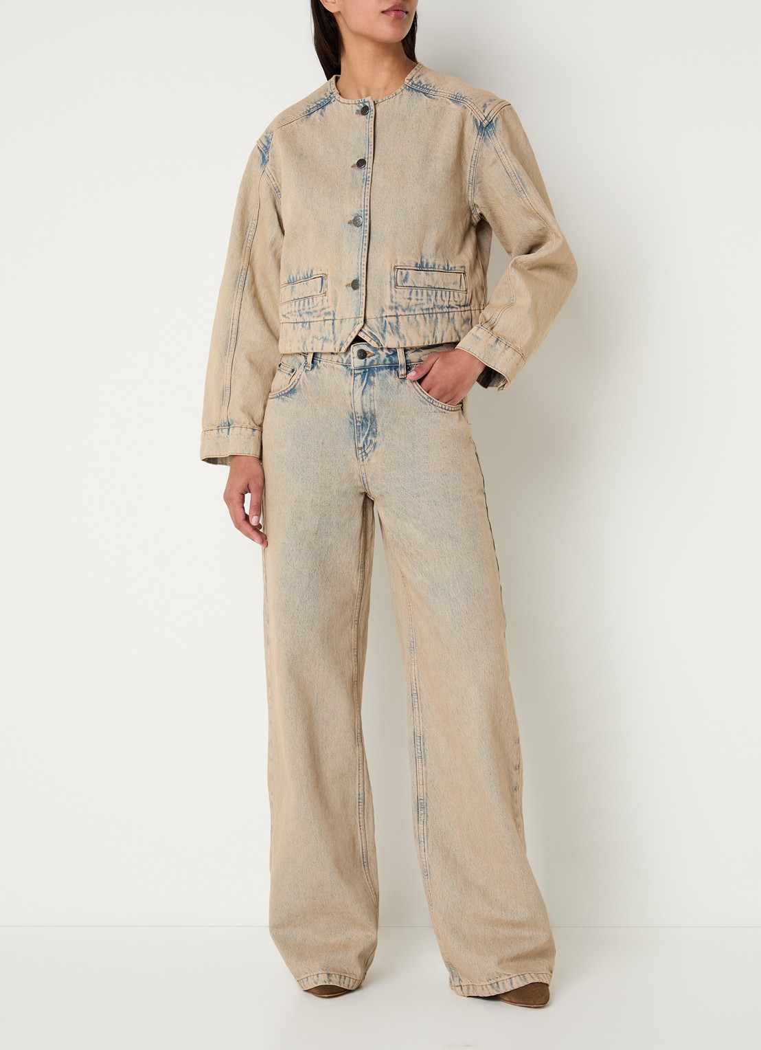 Co'Couture Maura high waist straight leg jeans met verwassen afwerking - voorkant 3 zand