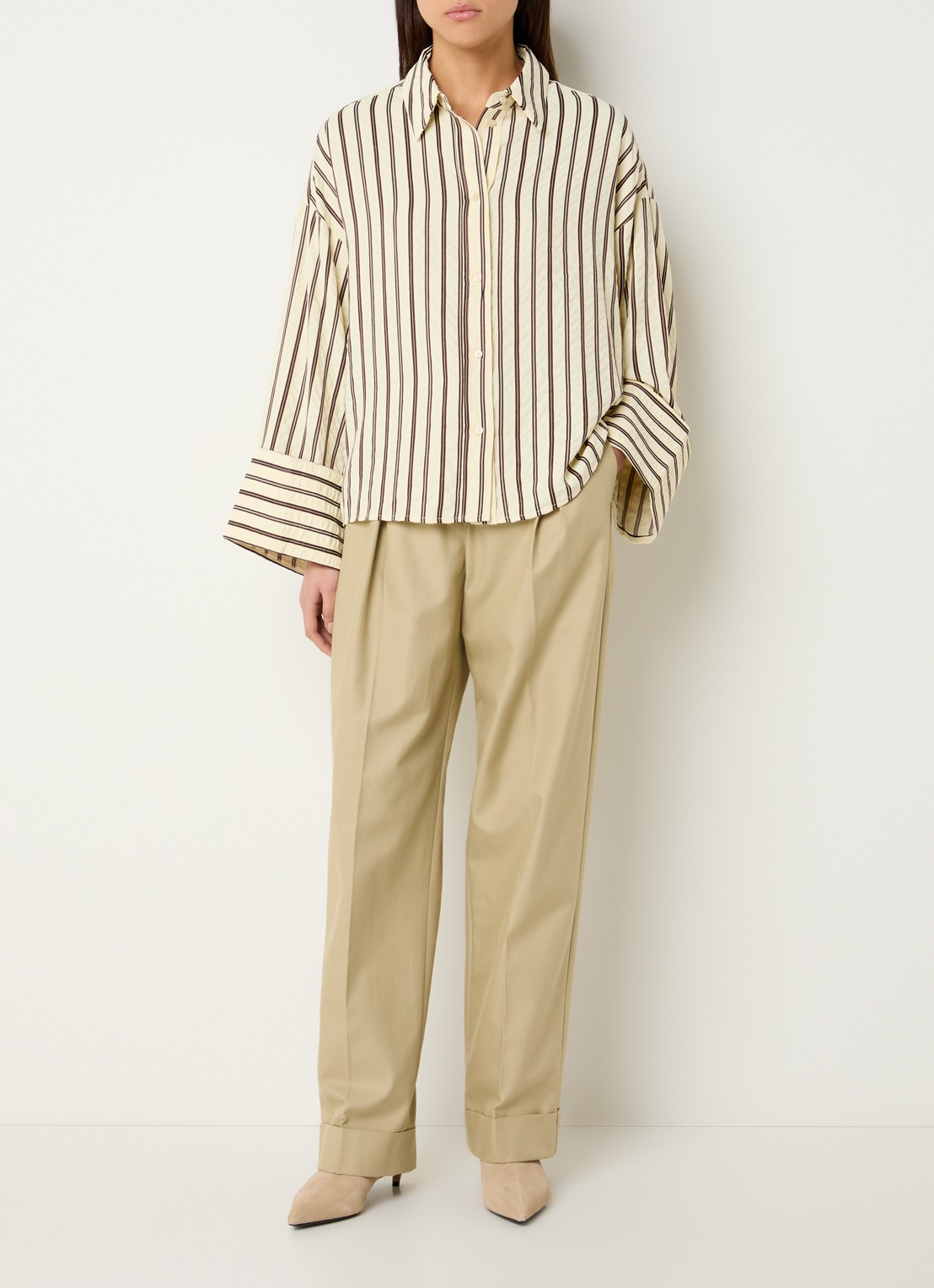 Co'Couture Oxana blouse met streepprint en trompetmouw - voorkant 2 lichtgeel