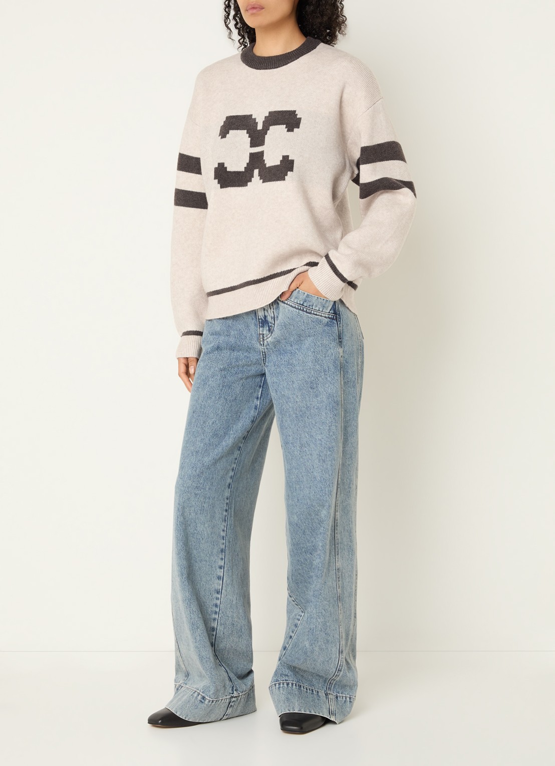 Co'Couture Row Coco fijngebreide trui met ingebreide logoprint - voorkant 4 gebroken wit