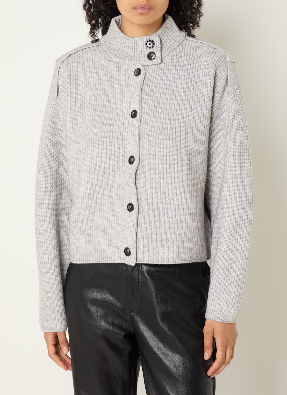Co'Couture Row grofgebreid vest met opstaande kraag - detail grijsmele