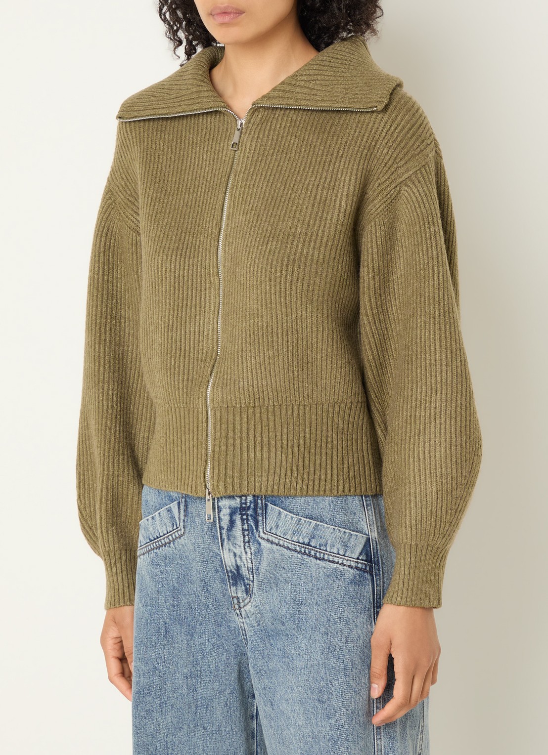 Co'Couture Row grofgebreid vest met opstaande kraag - detail groen