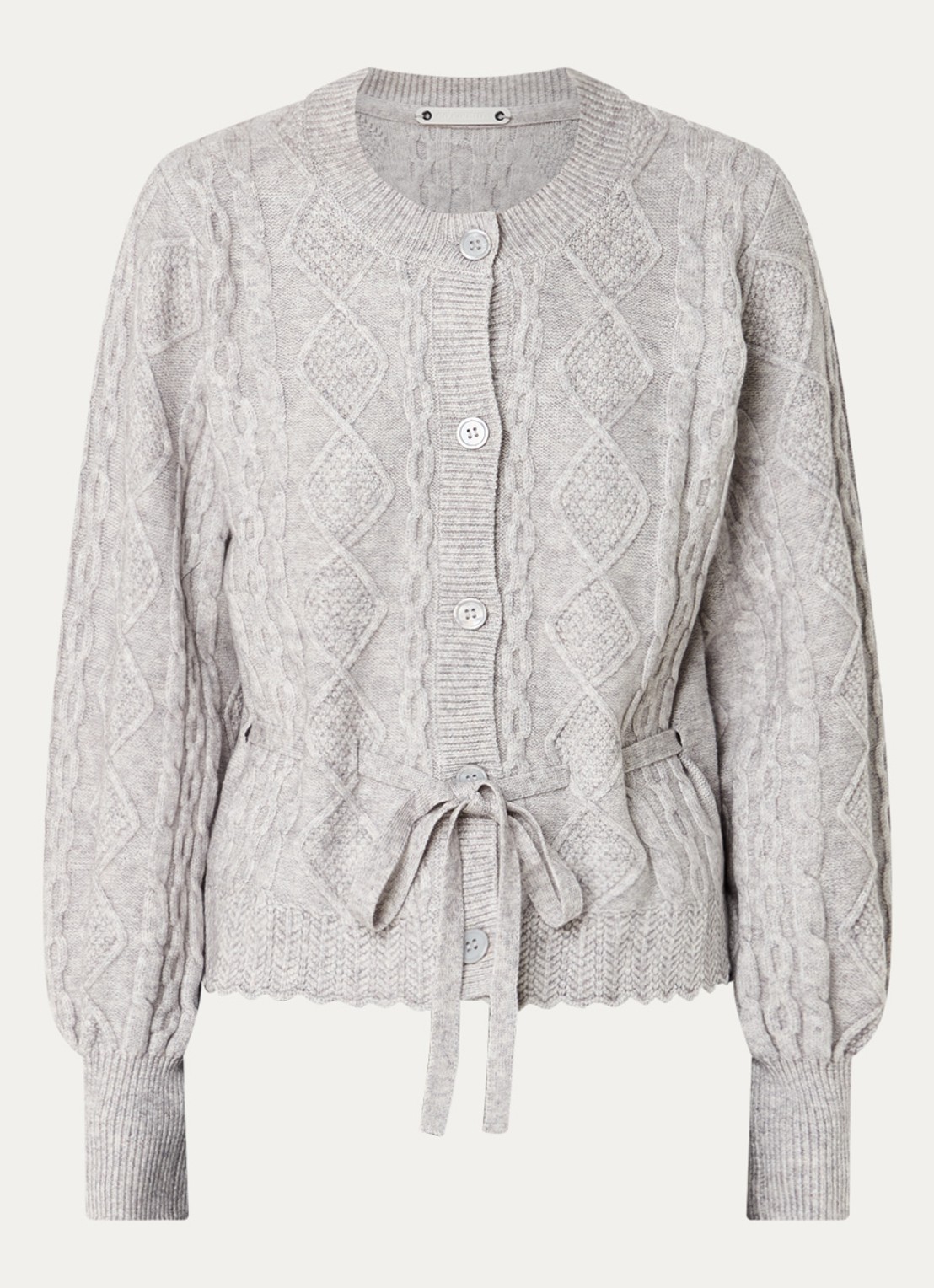 Co'Couture Row kabelgebreid vest met strikceintuur  - voorkant 2 grijsmele