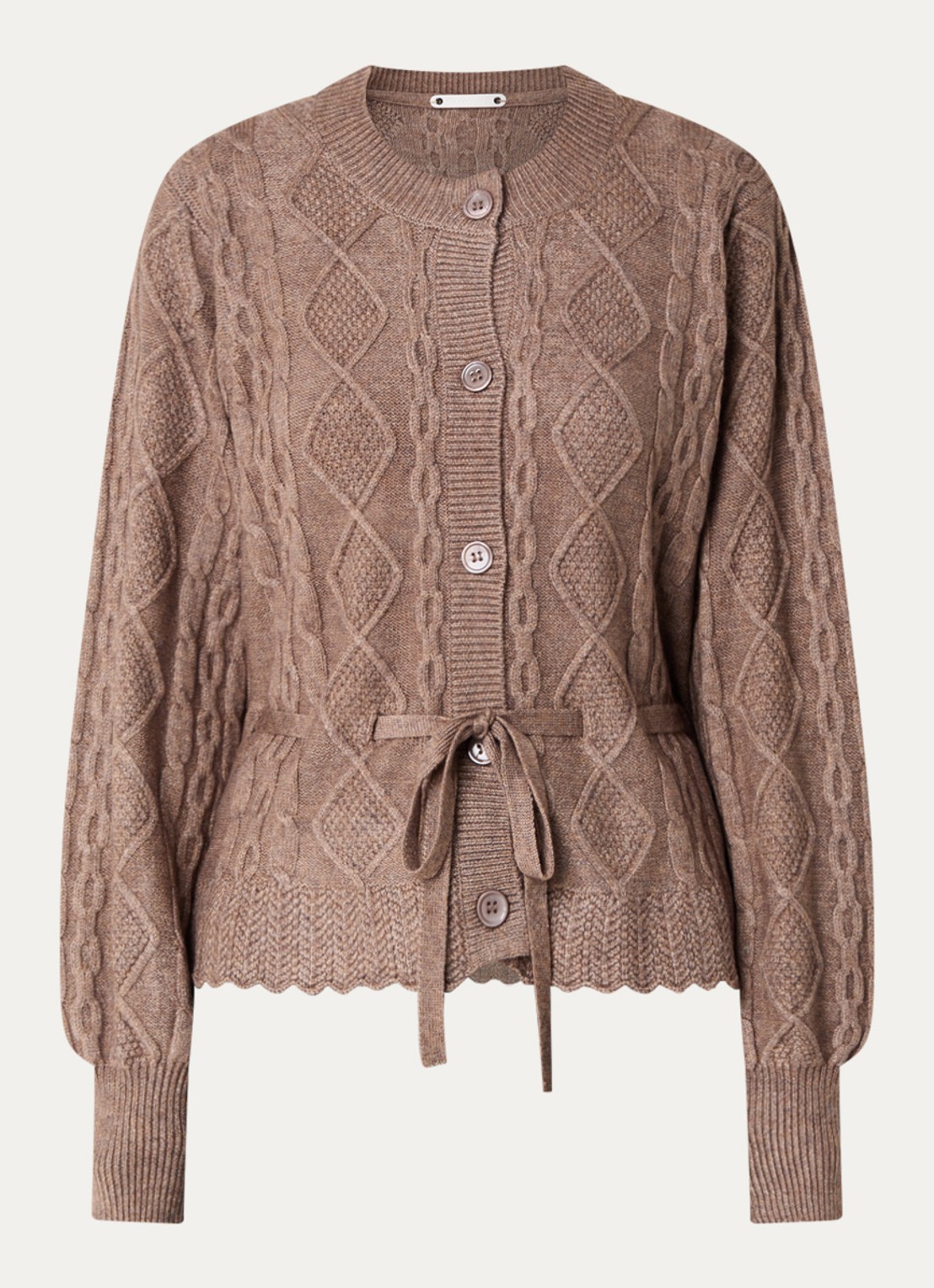 Co'Couture Row kabelgebreid vest met strikceintuur  - voorkant 2 bruin