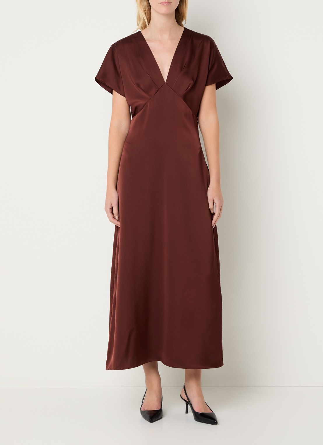 Co'Couture Safira maxi tuniekjurk van satijn  - detail roodbruin