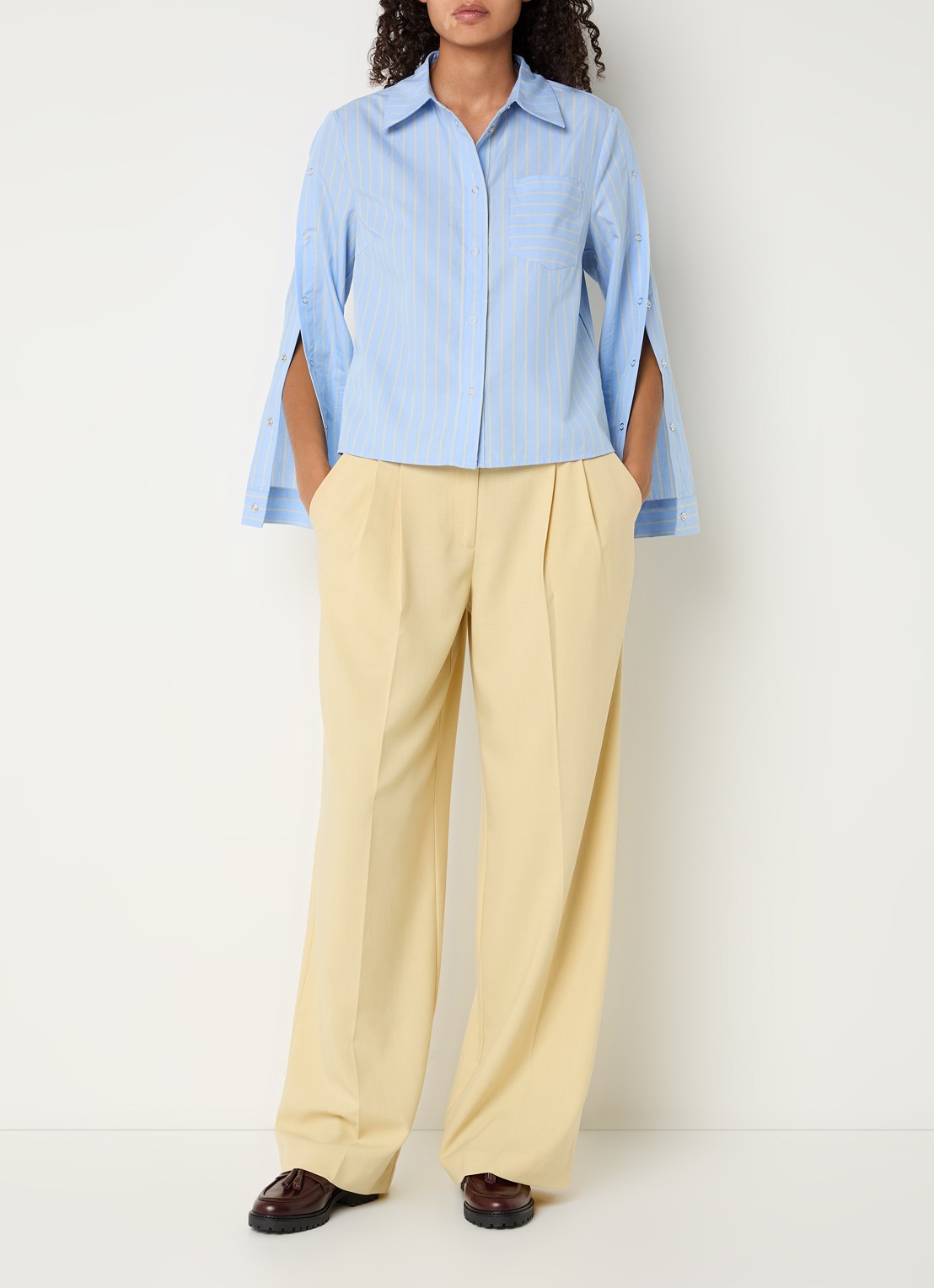 Co'Couture Simo blouse met streepprint - voorkant 2 blauwgrijs