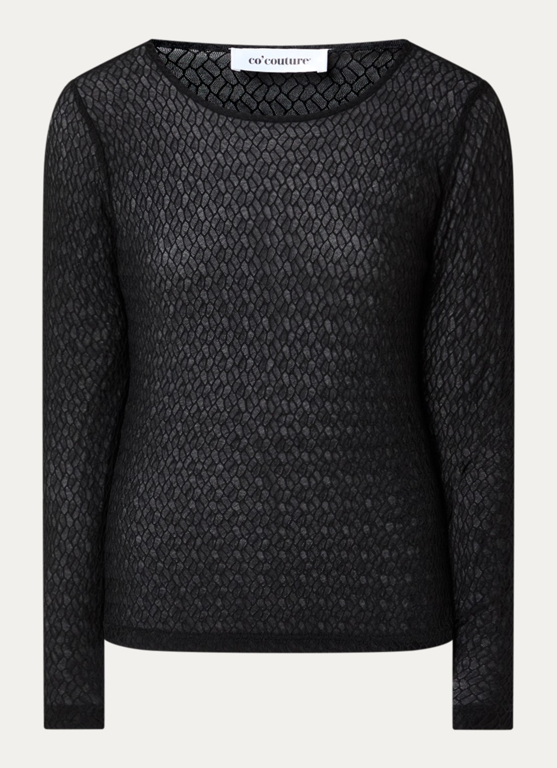 Co'Couture SvalaCC semi-transparante top met opengewerkt dessin - voorkant 2 zwart