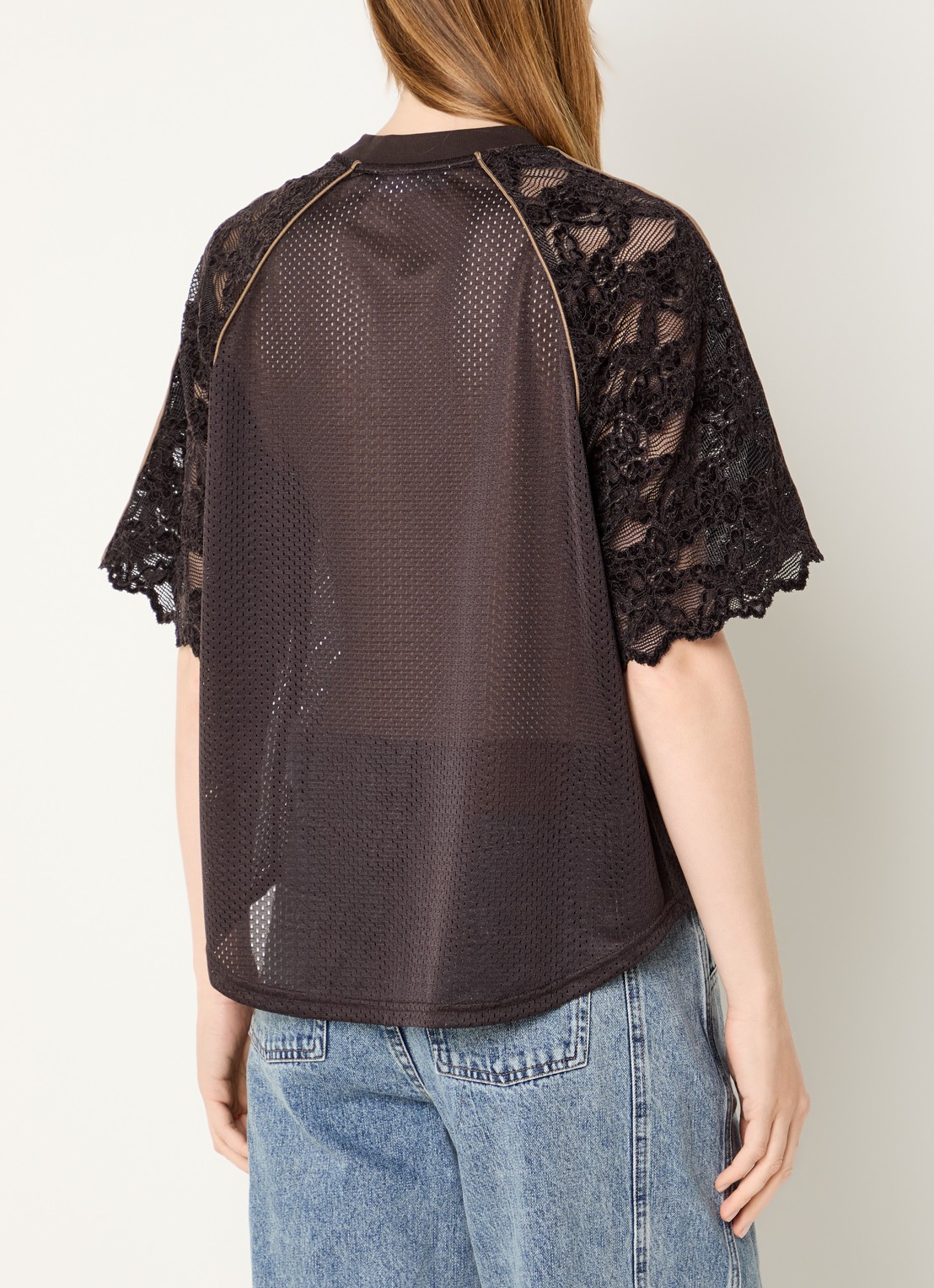 Co'Couture Trey semi-transparant T-shirt van kant met print - achterkant 4 bruin