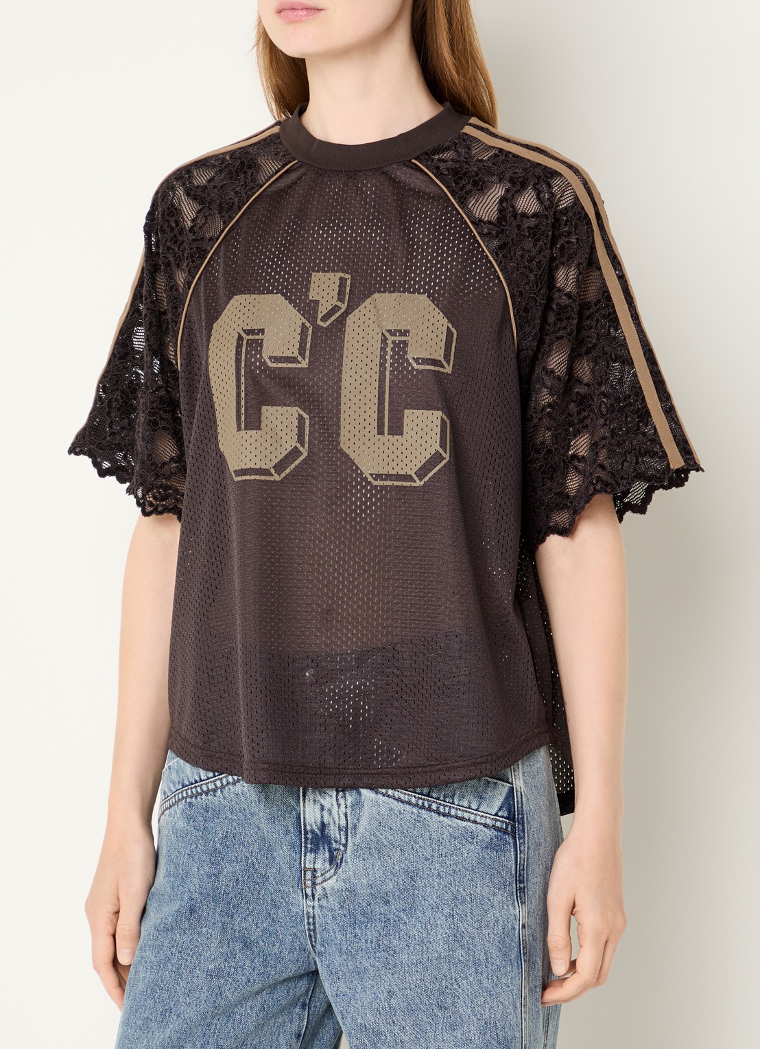 Co'Couture Trey semi-transparant T-shirt van kant met print - detail 3 bruin