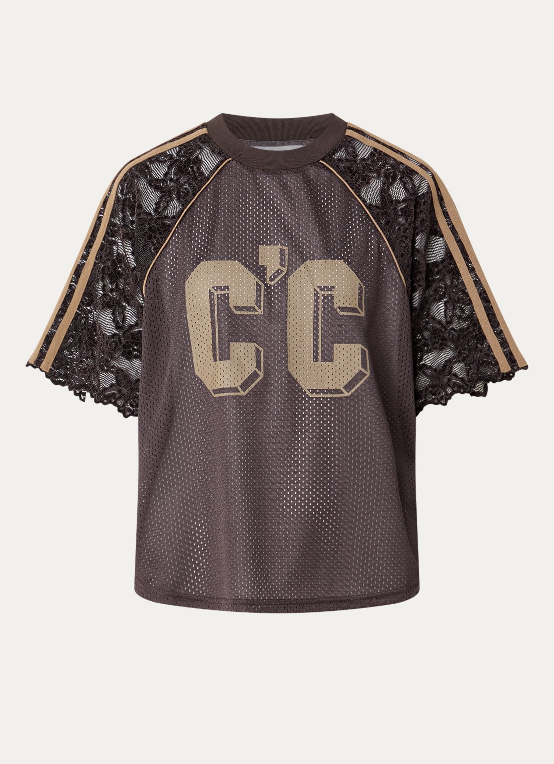 Co'Couture Trey semi-transparant T-shirt van kant met print - voorkant bruin