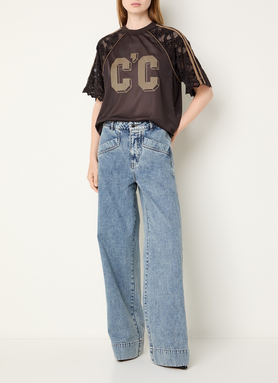 Co'Couture Trey semi-transparant T-shirt van kant met print - voorkant 2 bruin
