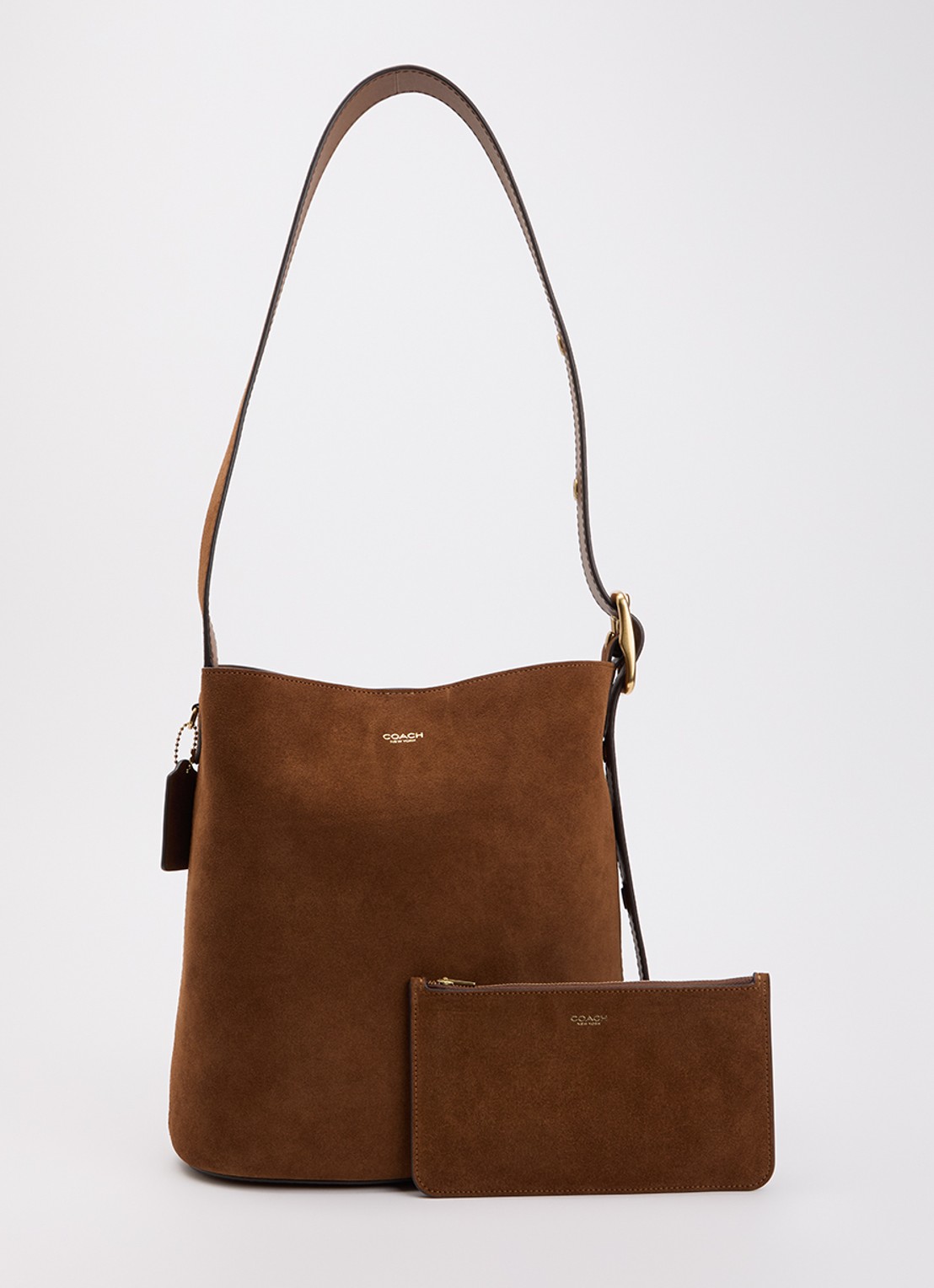 Coach Bleecker Bucket schoudertas van suède met uitneembare etui - voorkant 2 roestbruin