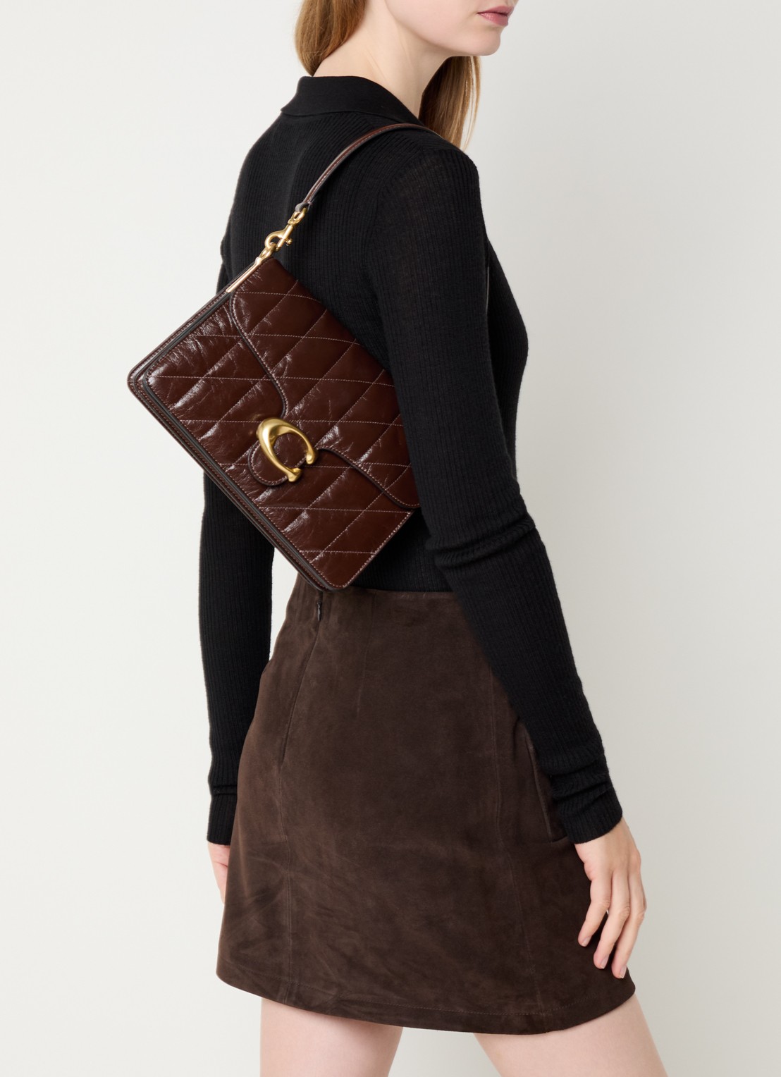 Coach Chain Tabby schoudertas van leer met quilt patroon en afneembare schouderriem - voorkant 5 donkerbruin