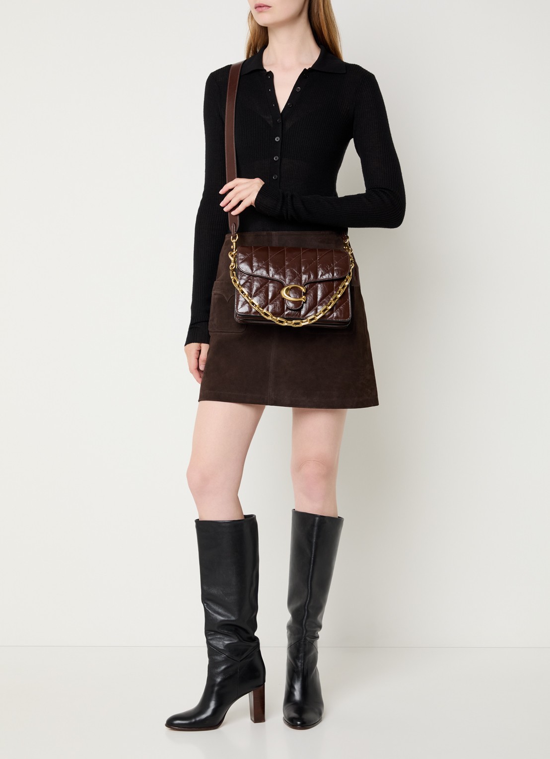 Coach Chain Tabby schoudertas van leer met quilt patroon en afneembare schouderriem - voorkant 6 donkerbruin