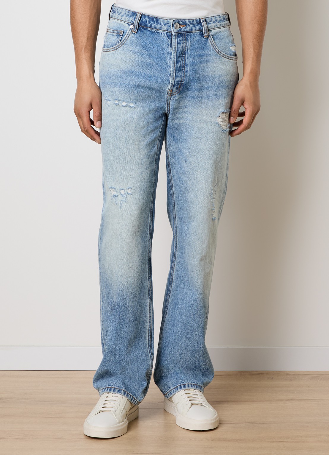 Cole Buxton Beverly straight leg jeans met destroyed afwerking - detail 3 indigo
