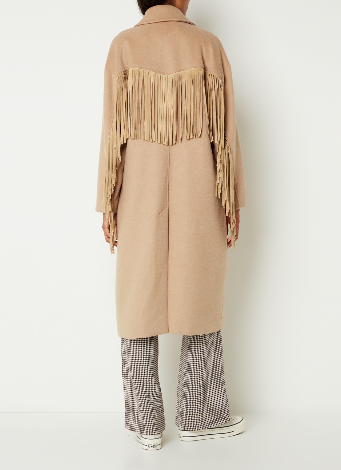 Colourful Rebel Koko double-breasted mantel met franjes - achterkant beige