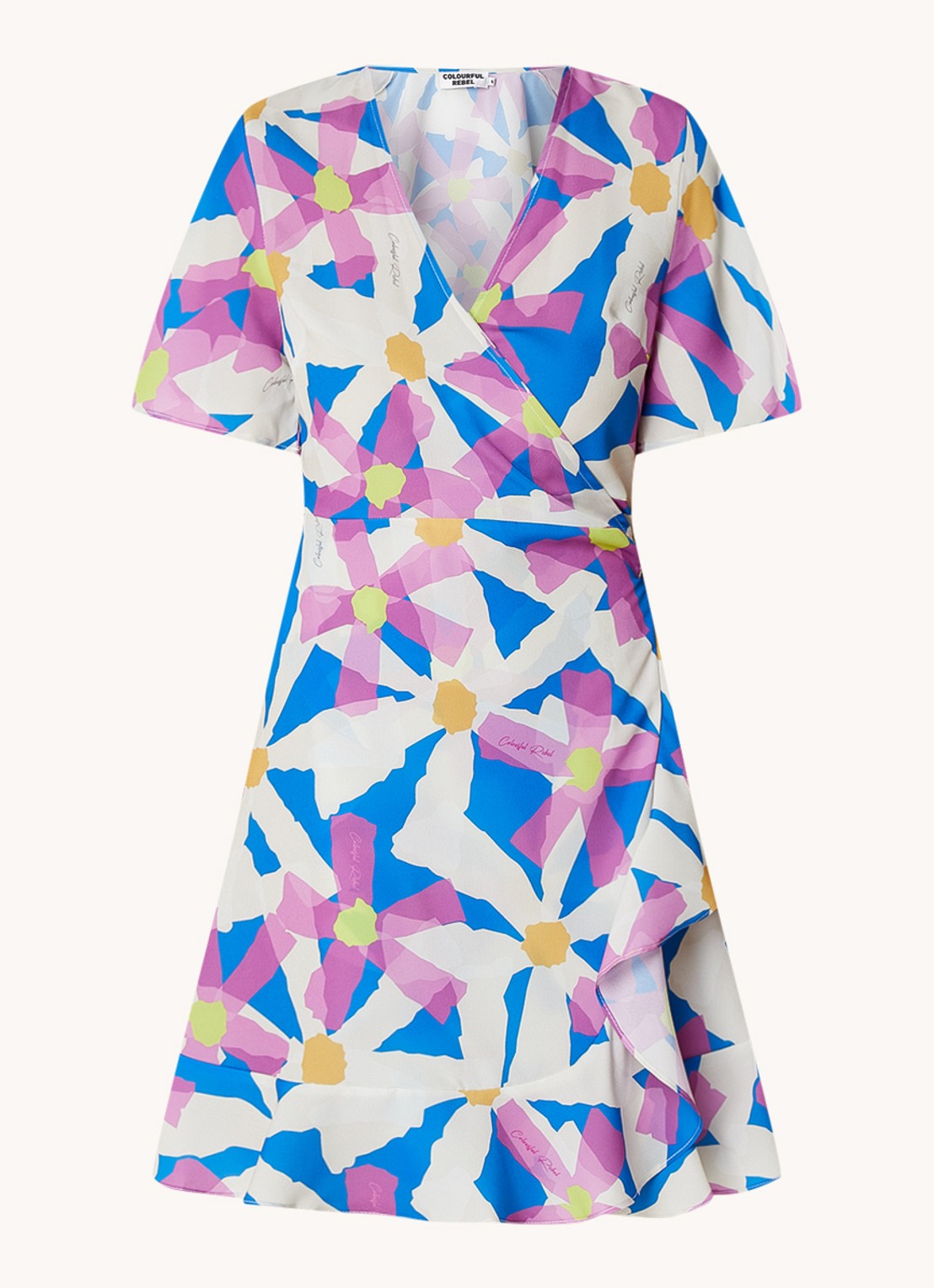 Colourful Rebel Telsi mini wikkeljurk met bloemenprint en vlindermouw - voorkant 2 blauw