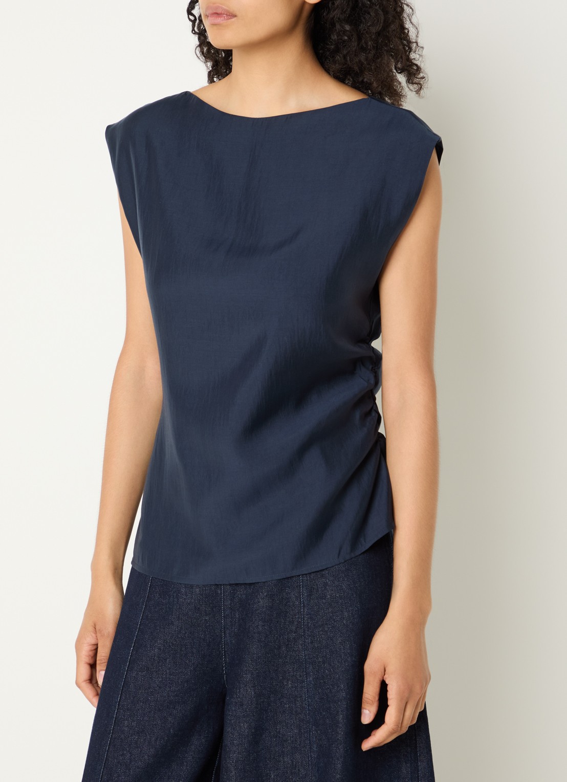 Copenhagen Muse CMMolly mouwloze tuniek met ruches en asymmetrische zoom - detail 3 donkerblauw