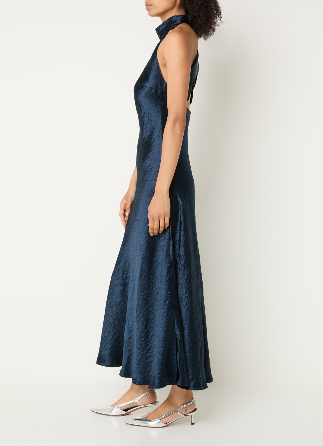 Copenhagen Muse CMSasha maxi avondjurk van satijn met rugdecolleté - voorkant 4 donkerblauw