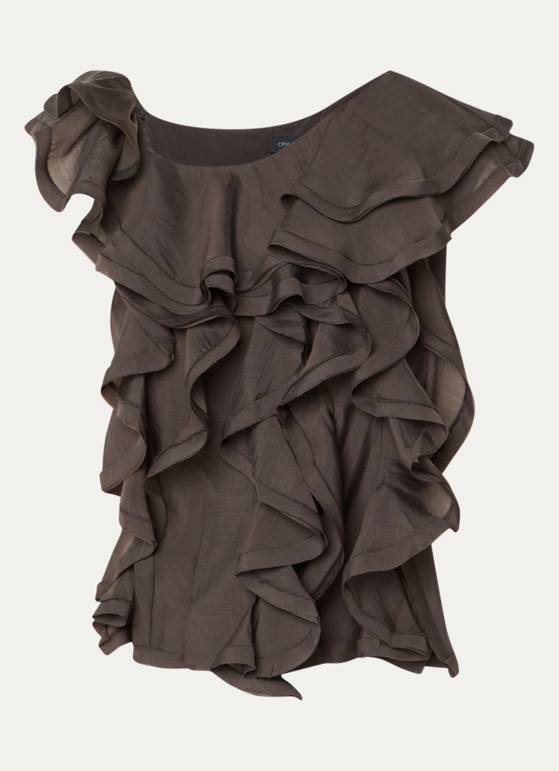Copenhagen Muse CMTilly top met volant en asymmetrische hals - voorkant 3 donkerbruin