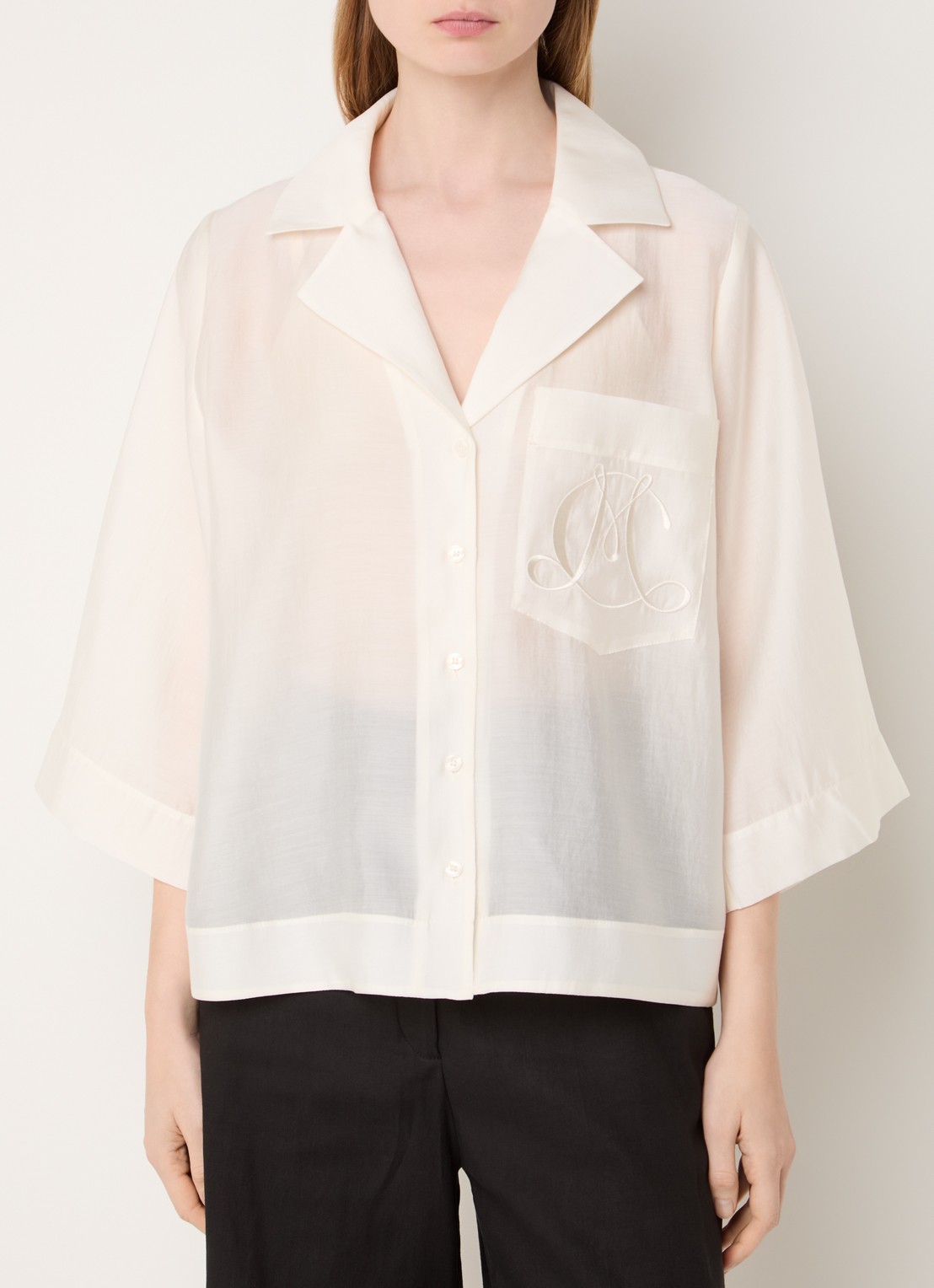 Copenhagen Muse Molly semi-transparante blouse met borstzak en logoborduring - detail 3 creme