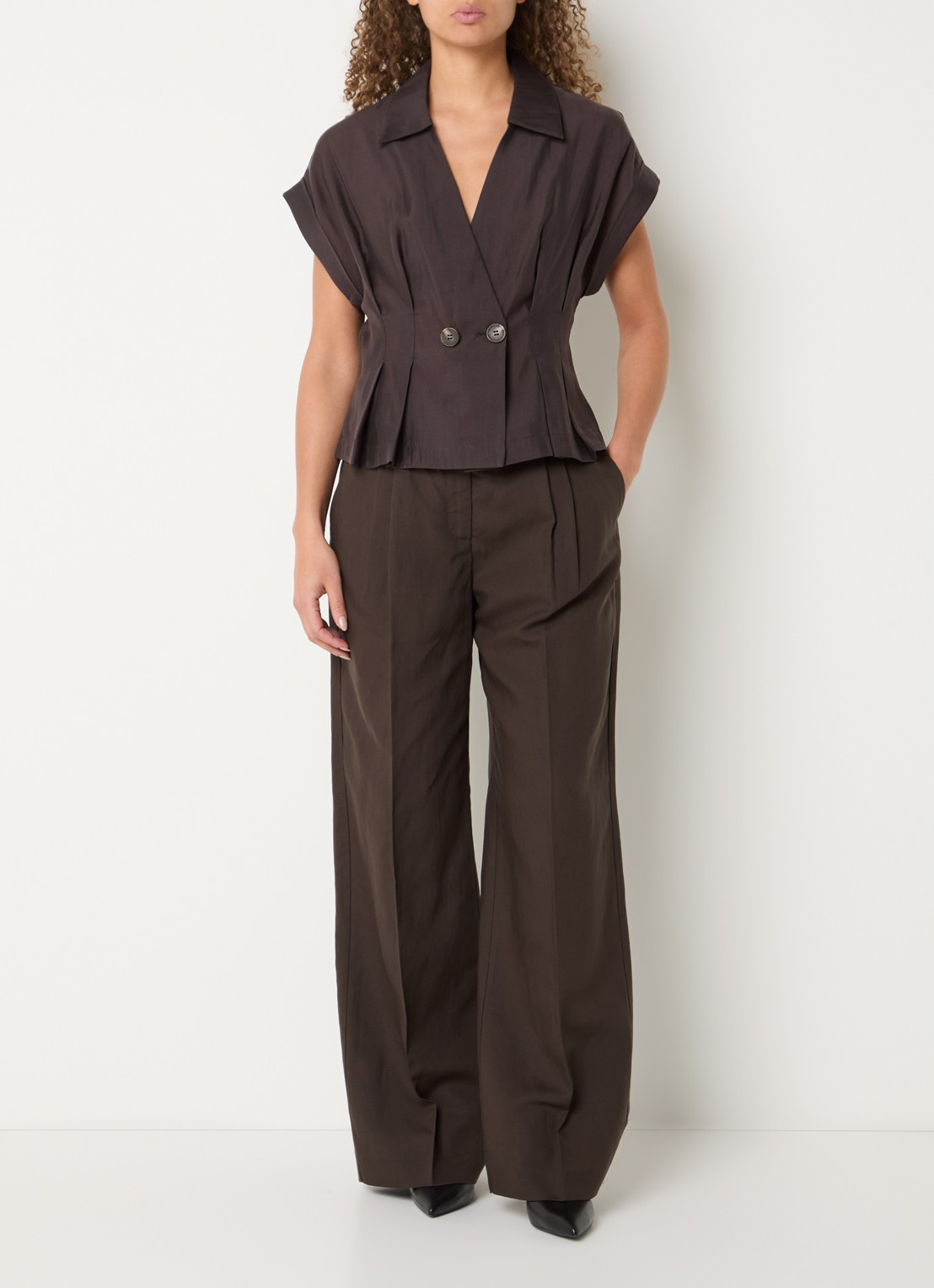 Copenhagen Muse Natu high waist loose fit pantalon in linnenblend - voorkant 3 donkerbruin