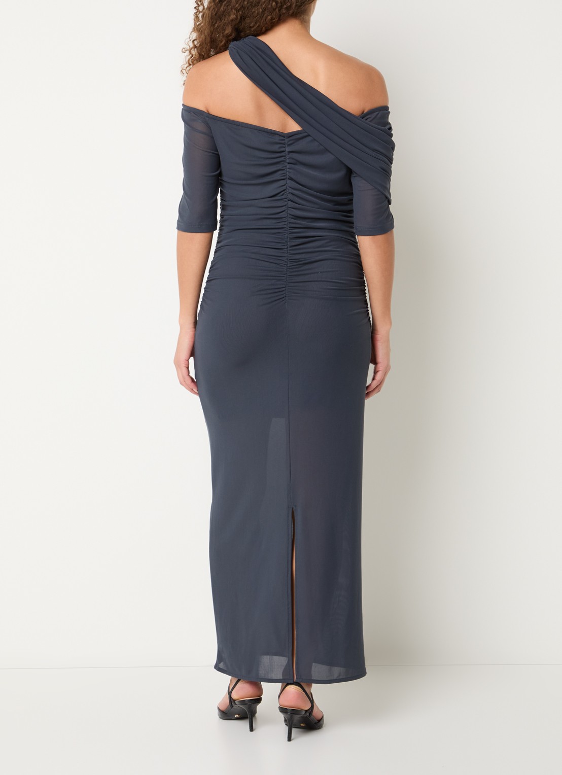 Copenhagen Muse Semi-transparante maxi jurk van mesh met asymmetrische kraag - achterkant blauw