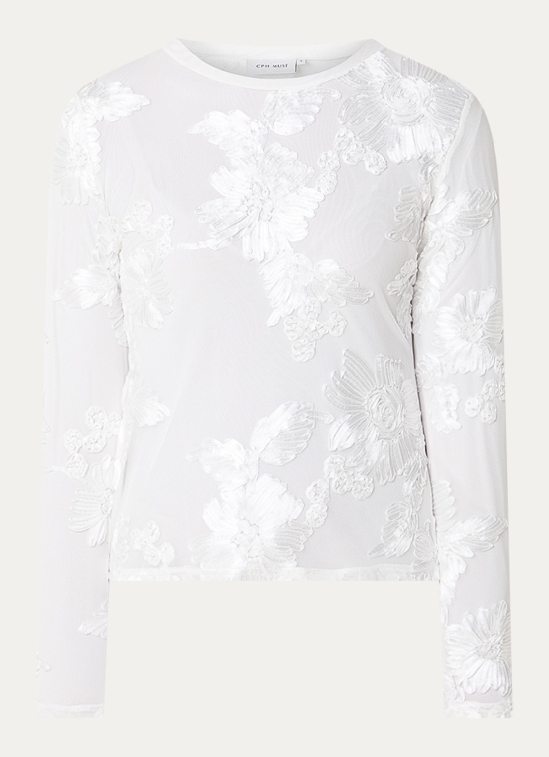 Copenhagen Muse Semi-transparante top van mesh met borduring - voorkant wit