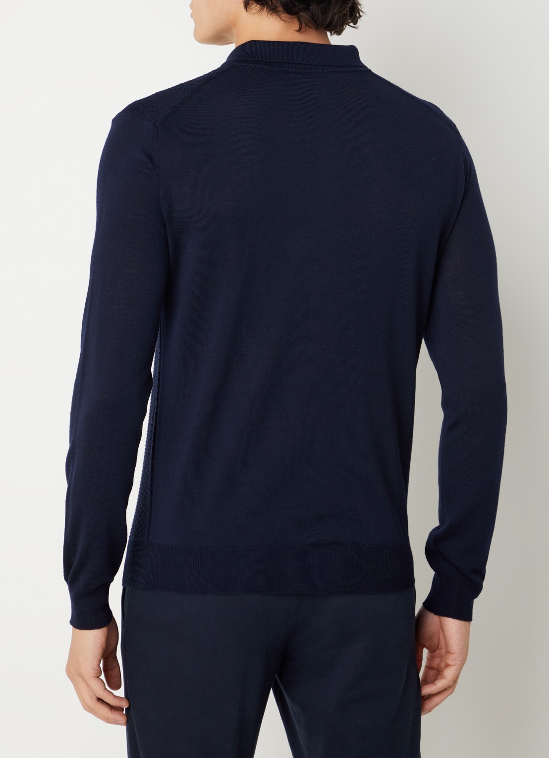 Corneliani Fijngebreide slim fit polo van scheerwol met halve rits en structuur - achterkant 3 donkerblauw