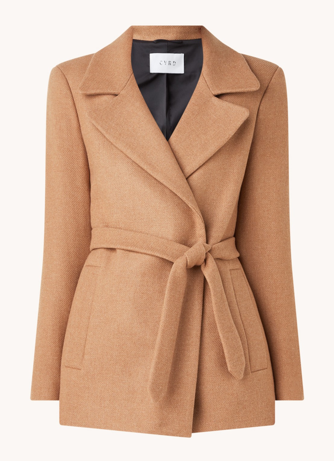 CVRD Eloise mantel in wolblend met strikceintuur - voorkant 2 camel