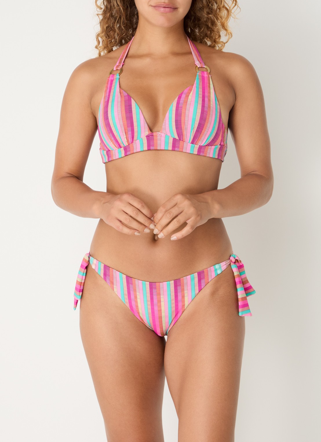 Cyell Push up halter bikinitop met streepprint - detail 3 fuchsia