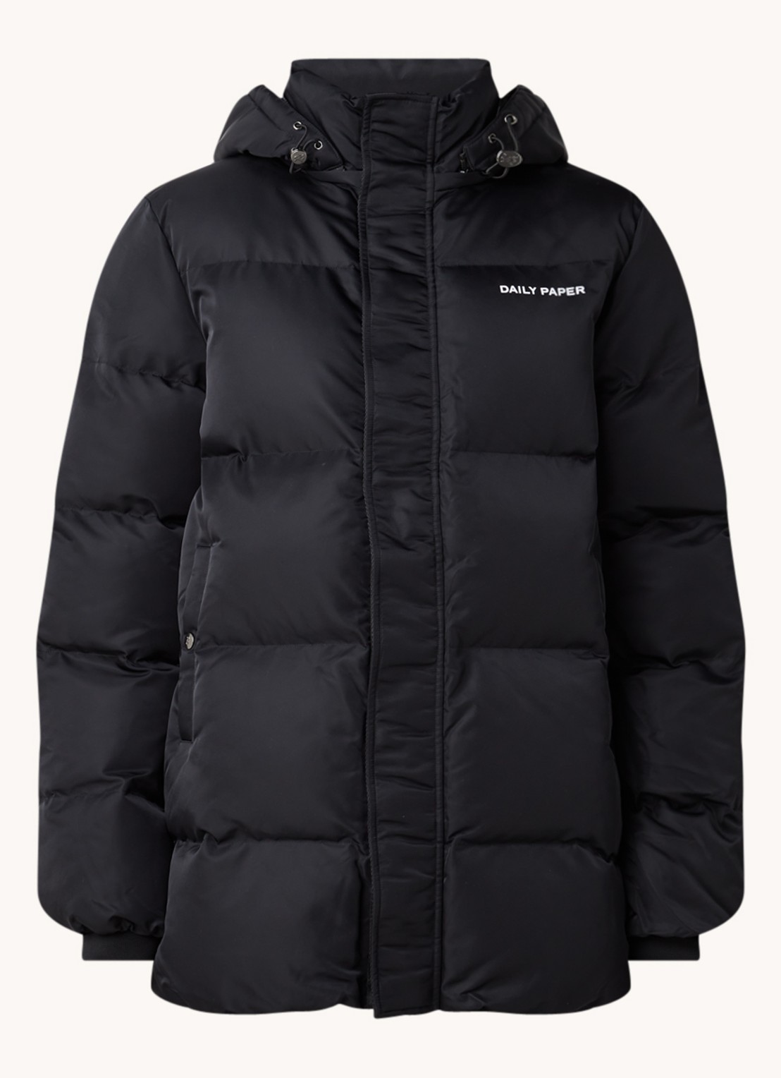 Daily Paper Epuffa puffer jack met afneembare capuchon - voorkant zwart