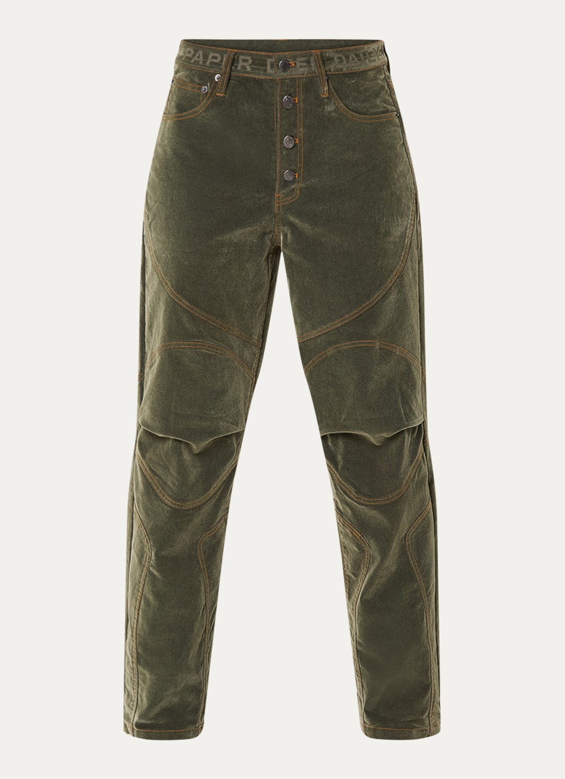 Daily Paper Low waist loose fit jeans van corduroy - voorkant 5 olijfgroen