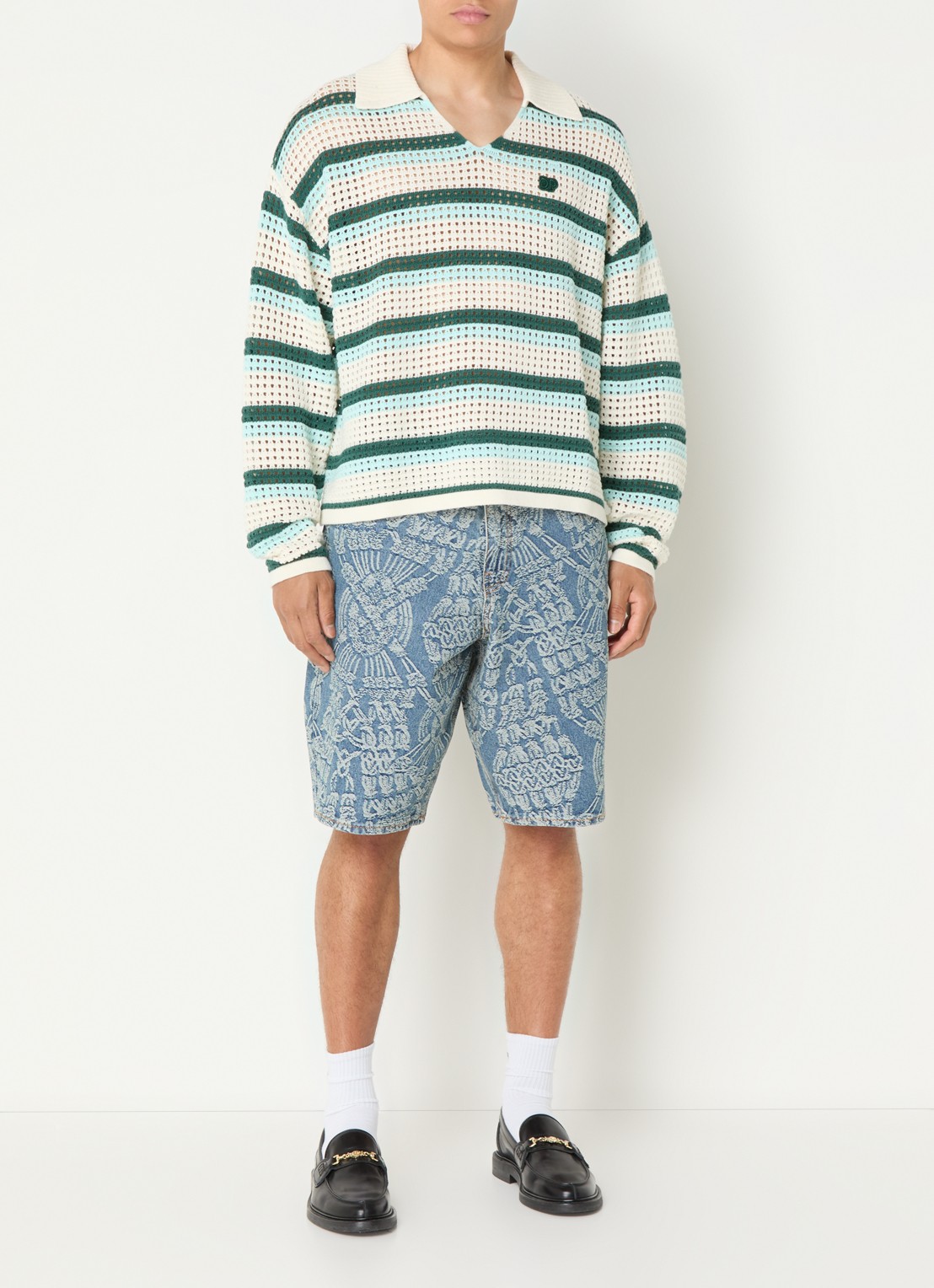 Daily Paper Macrame loose fit korte broek van denim met print - voorkant 3 indigo