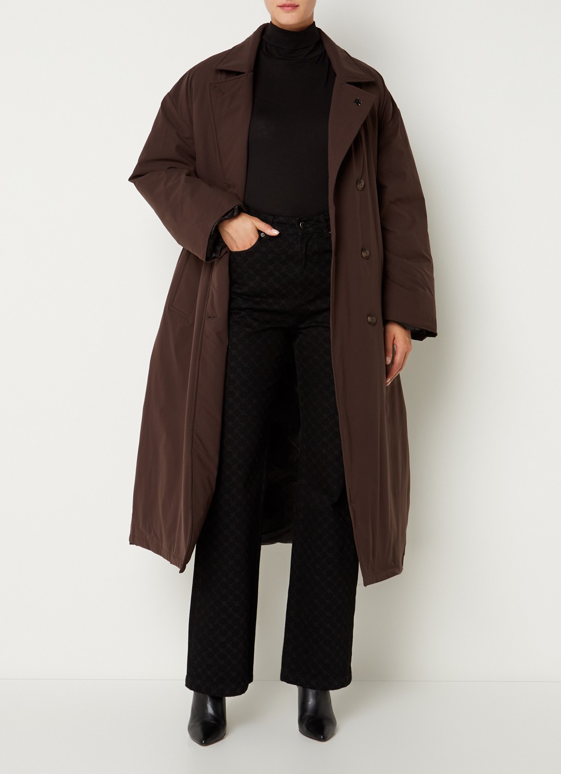 Daily Paper Niesha double-breasted gewatteerde trenchcoat  - voorkant 4 donkerbruin