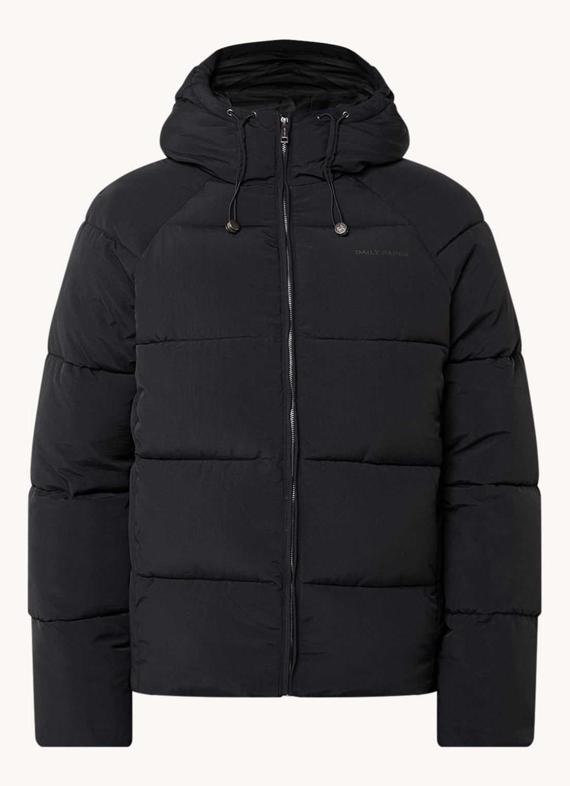 Daily Paper Puffer jack met ritszakken en capuchon - voorkant zwart