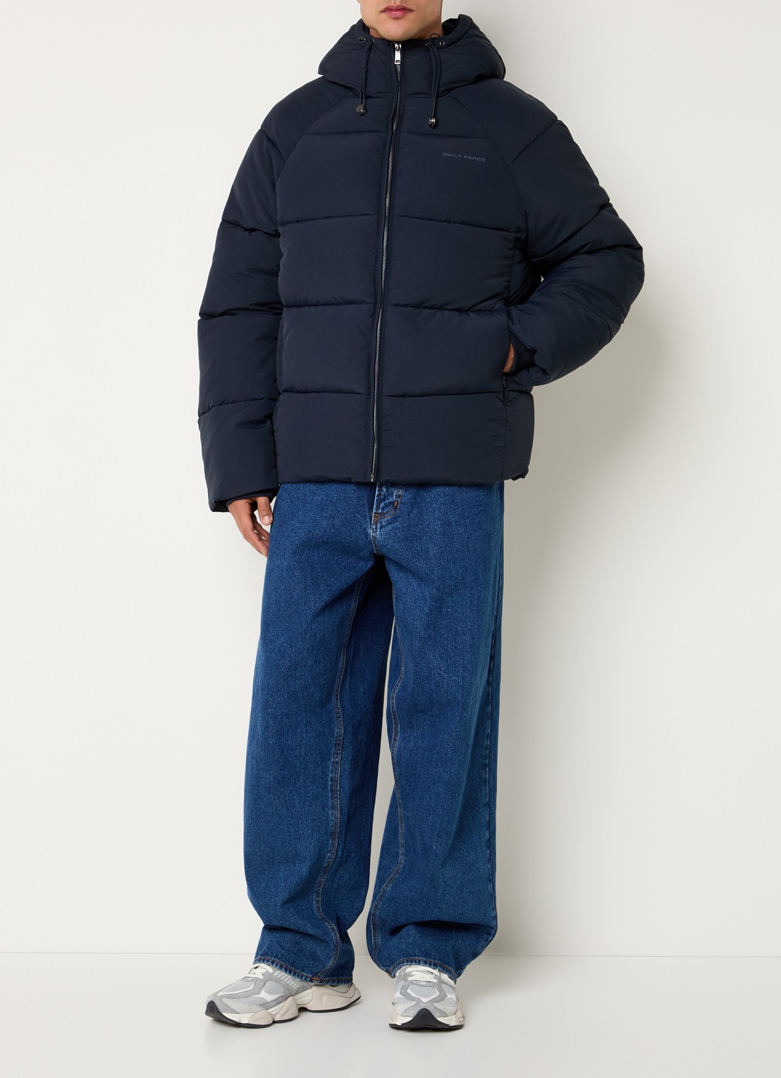 Daily Paper Puffer jack met ritszakken en capuchon - voorkant 3 donkerblauw