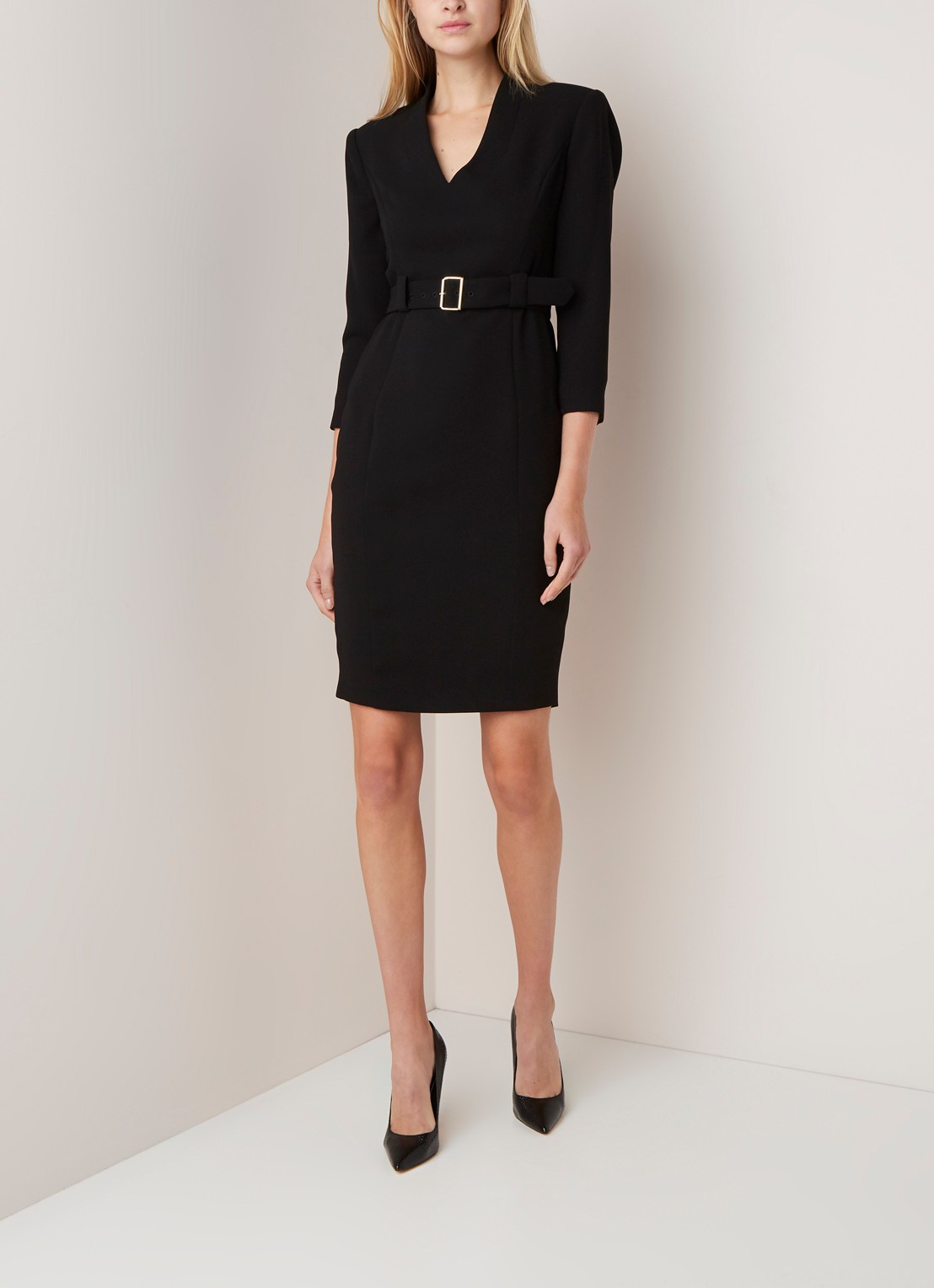 Damsel in a Dress Lydia mini jurk met ceintuur en driekwartmouw - voorkant 2 zwart