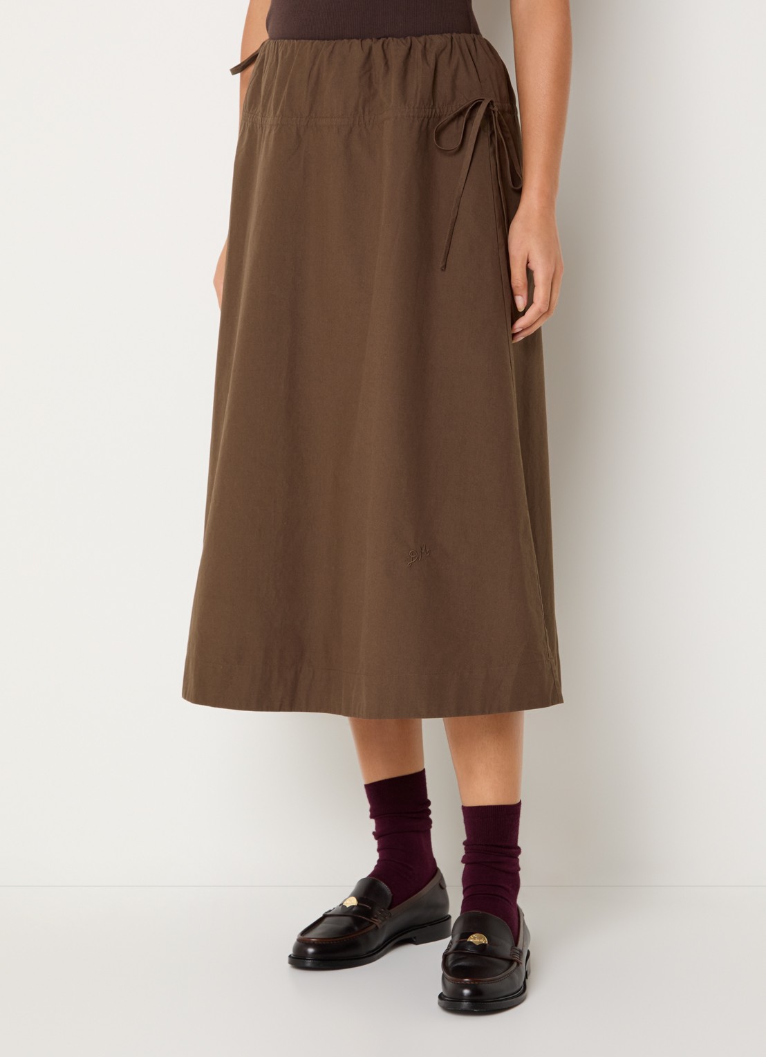 Damson Madder Caspia midi rok met steekzakken - detail chocoladebruin