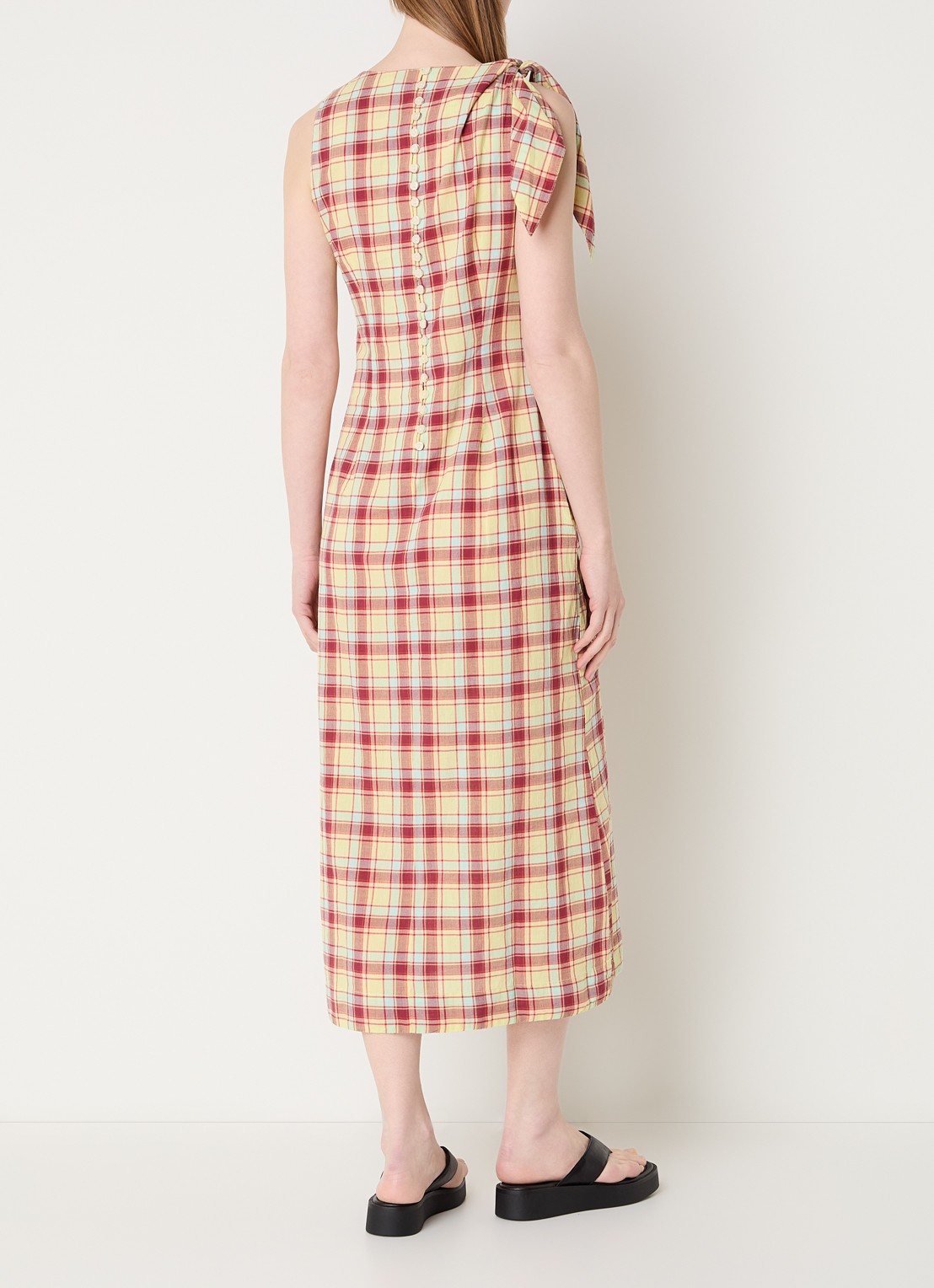 Damson Madder Estelle midi jurk met ruitdessin en gestrikt detail - achterkant geel