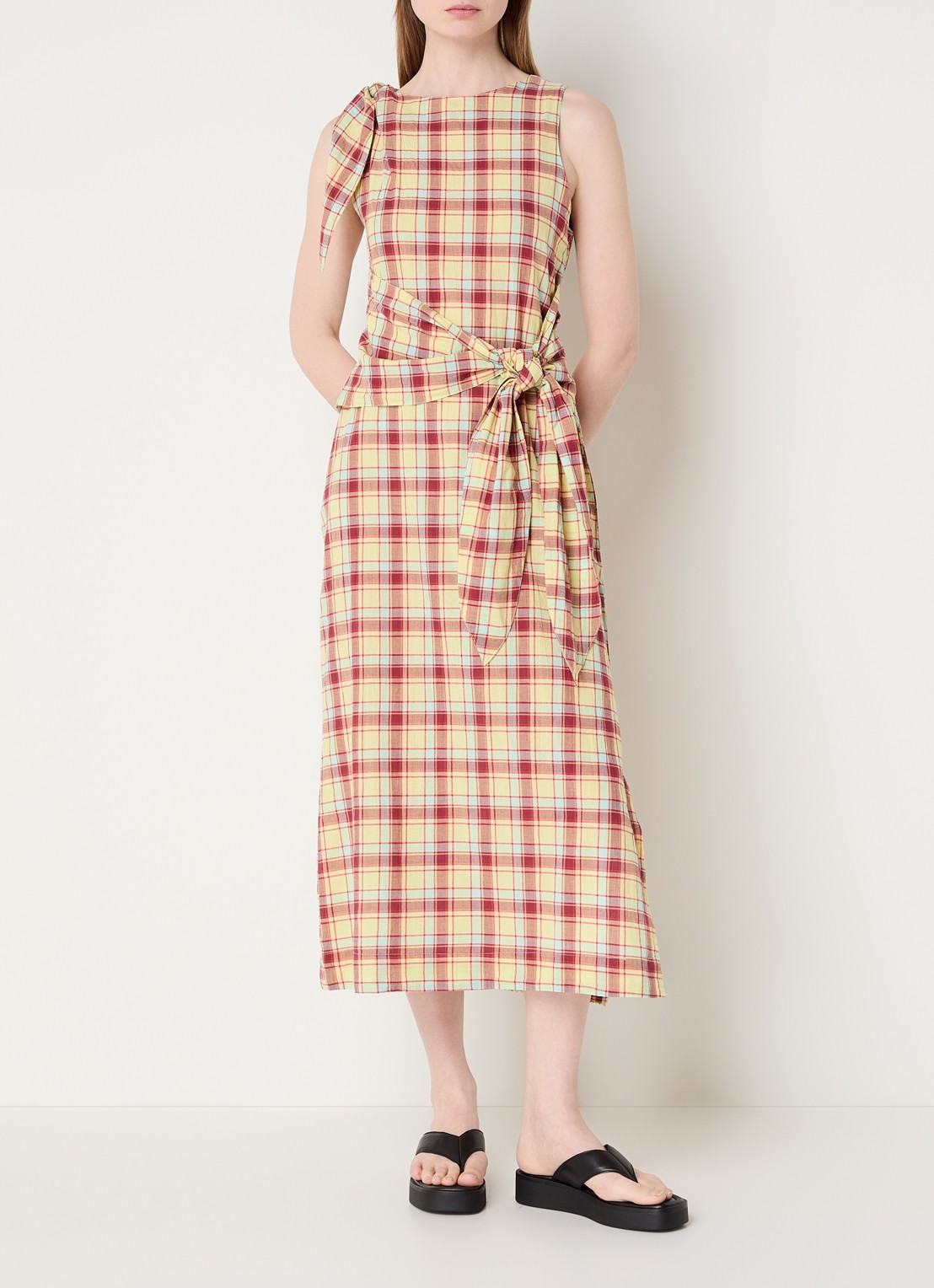 Damson Madder Estelle midi jurk met ruitdessin en gestrikt detail - detail 2 geel