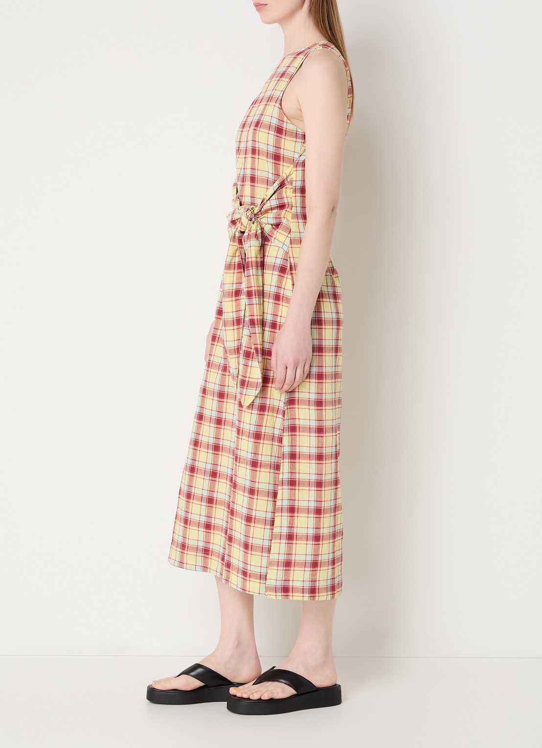 Damson Madder Estelle midi jurk met ruitdessin en gestrikt detail - voorkant 4 geel