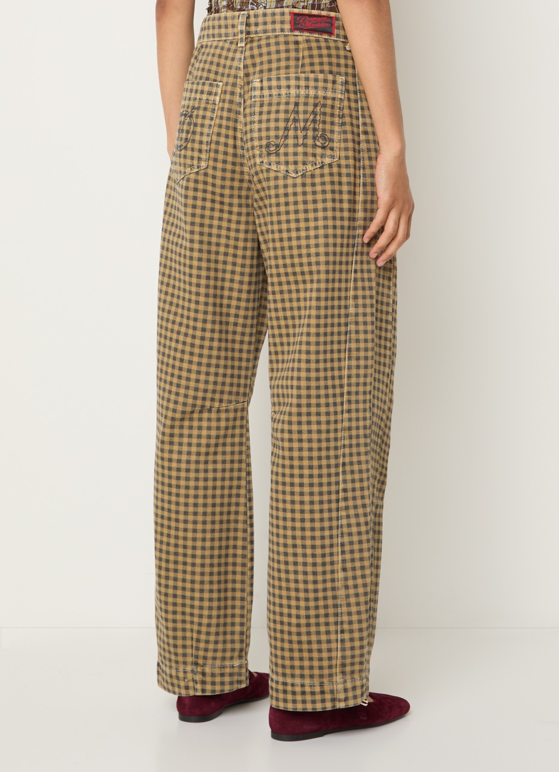 Damson Madder Felix high waist wide leg jeans met gekleurde wassing en ruitdessin - achterkant 3 mosterd