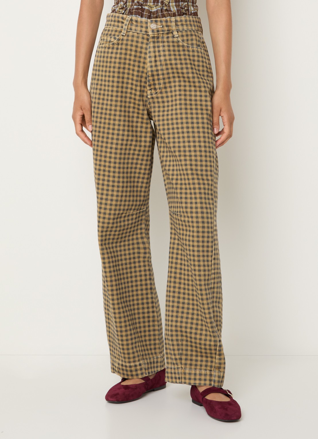 Damson Madder Felix high waist wide leg jeans met gekleurde wassing en ruitdessin - detail 4 mosterd