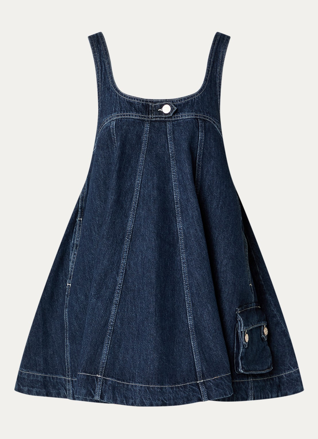 Damson Madder Immy A-lijn mini denimjurk met steekzakken  - voorkant 2 indigo