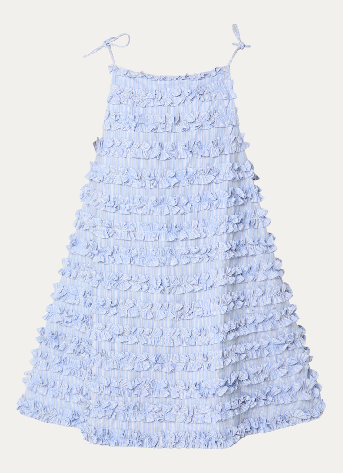 Damson Madder Leili mini jurk met ruches en streepprint - voorkant 2 blauwgrijs