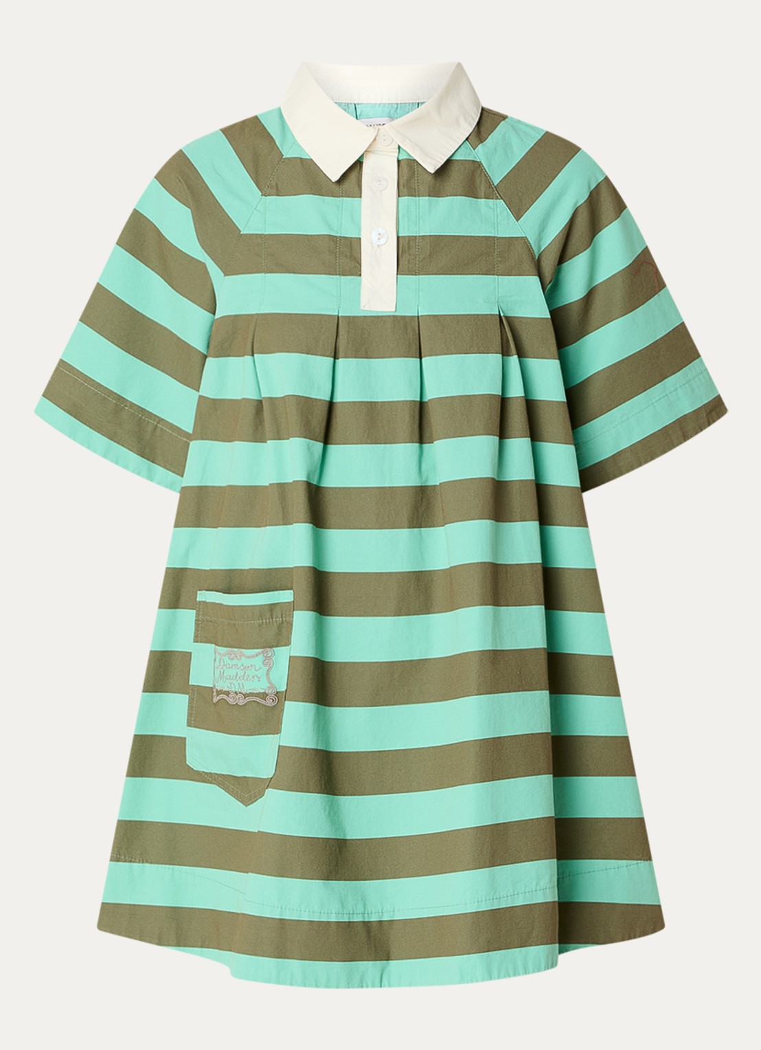 Damson Madder Maggi mini jurk met polokraag en streepdessin  - voorkant 3 groen