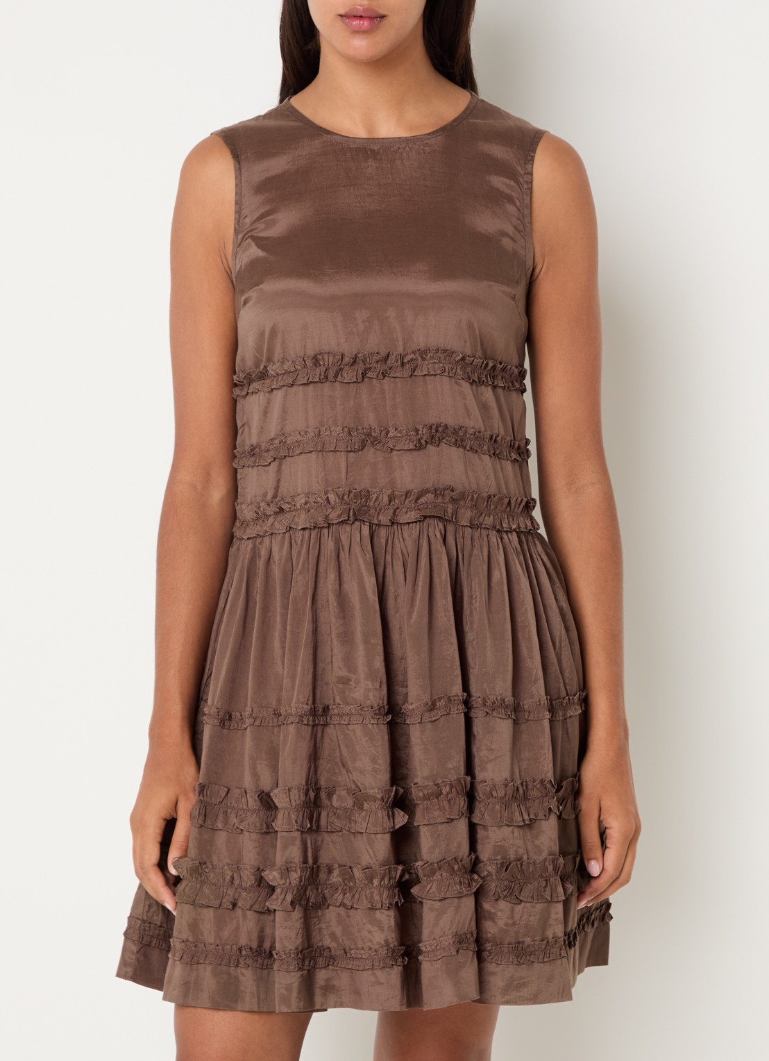 Damson Madder Midi jurk met volant - detail 3 chocoladebruin